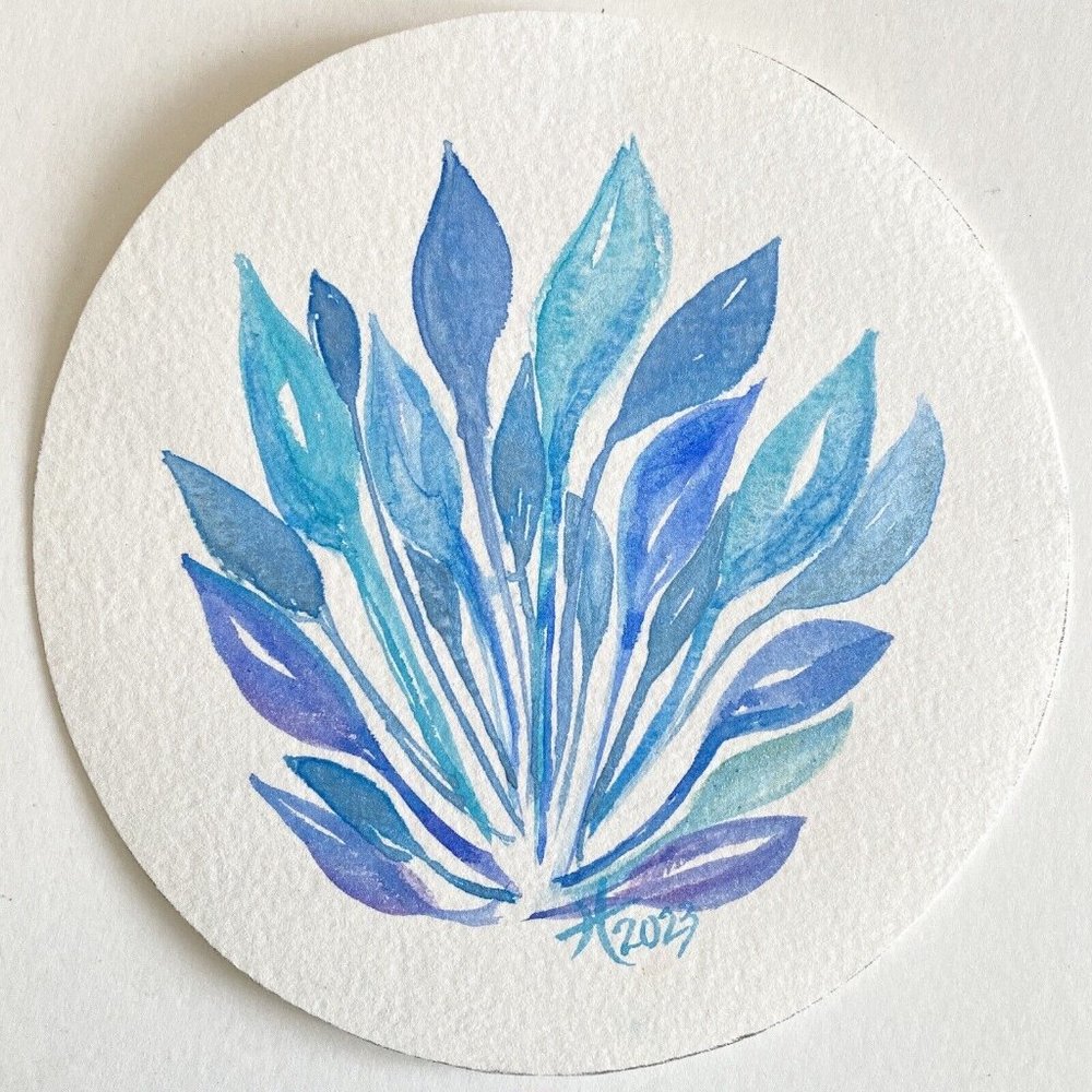 Lovely In Blue - Original Art Round Watercolor Handmade Painting Framed 7"